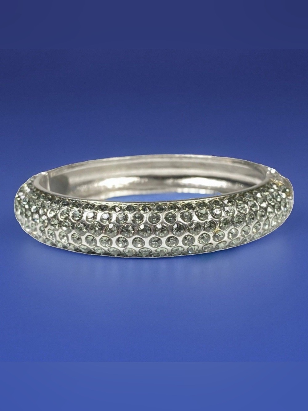 Mango Touch Clamper Bracelet Rhinestone Silver Tone Hinged Bangle Bling Jewelry